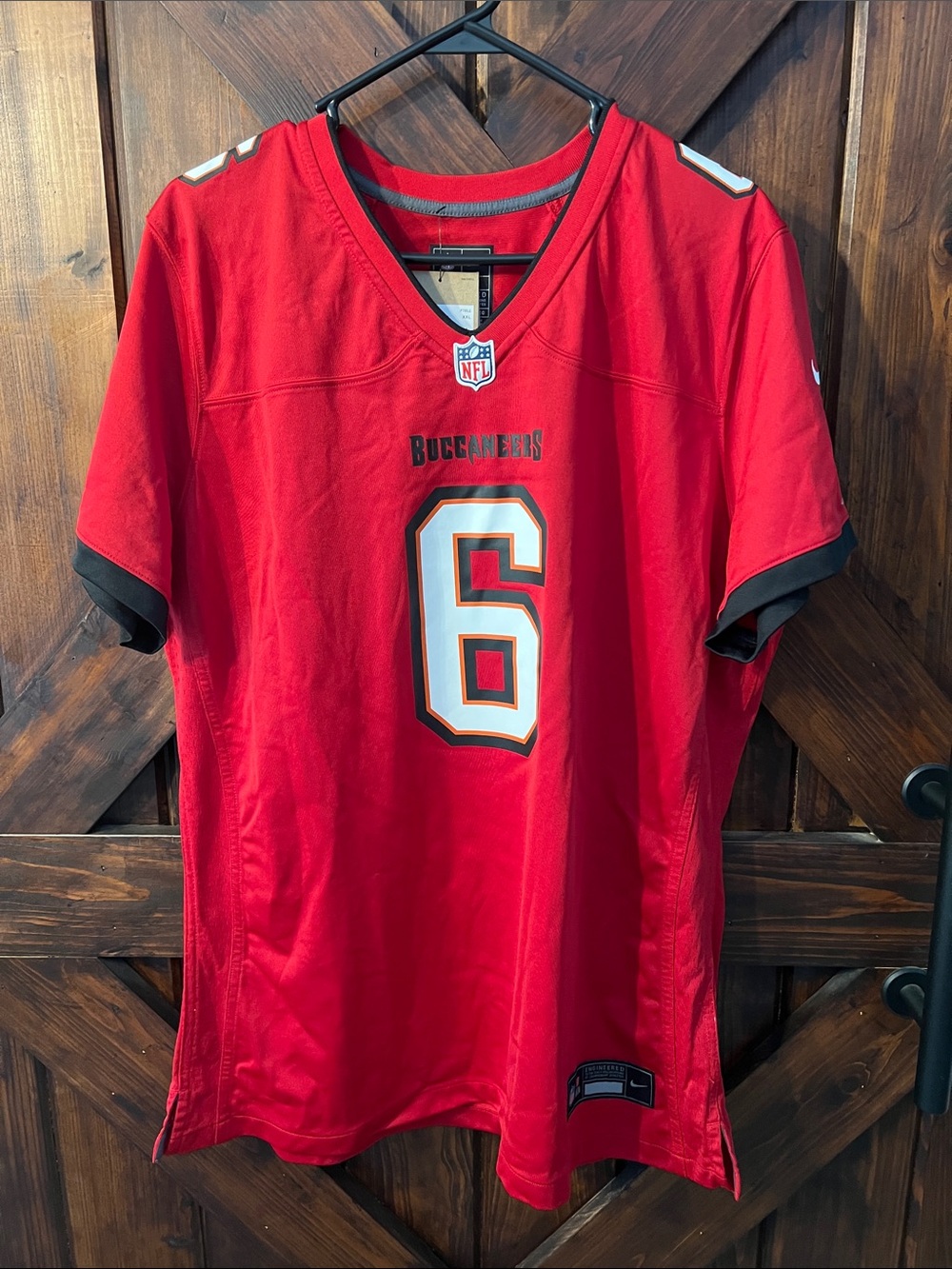 NFL Buccaneers Red #6 Mayfield Women’s Football Jersey with Black Trim